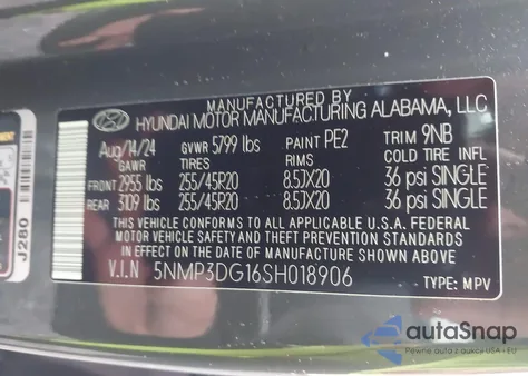 2025 Hyundai Santa Fe Hybrid Limited z USA, uszkodzony, nr VIN 5NMP3DG16SH018906